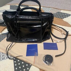 Rebecca Minkoff Black Regan Satchel with Glossy Finish and Adjustable Strap